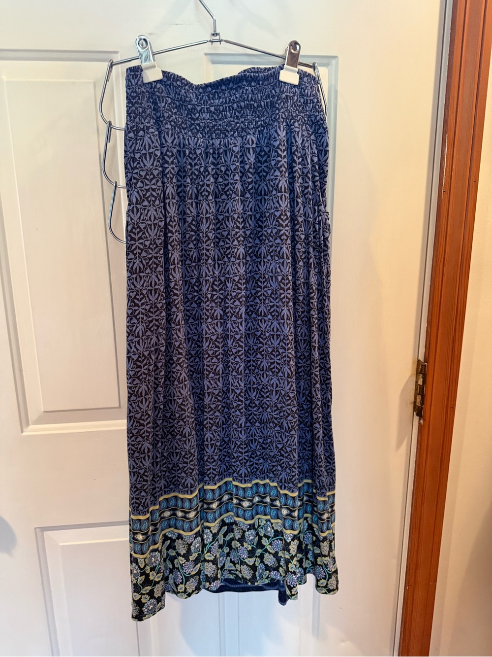 Smocked Waist Navy Patterned Midi Skirt
